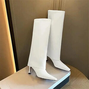 White Stiletto Heel Knee High Boots Square Toe Slip On Fold Over Boots